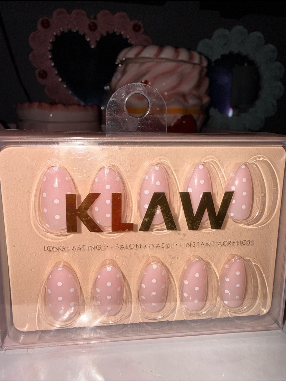 KLAW Soft Pink Base with White Polka Dot Press-On Nails in Short Almond